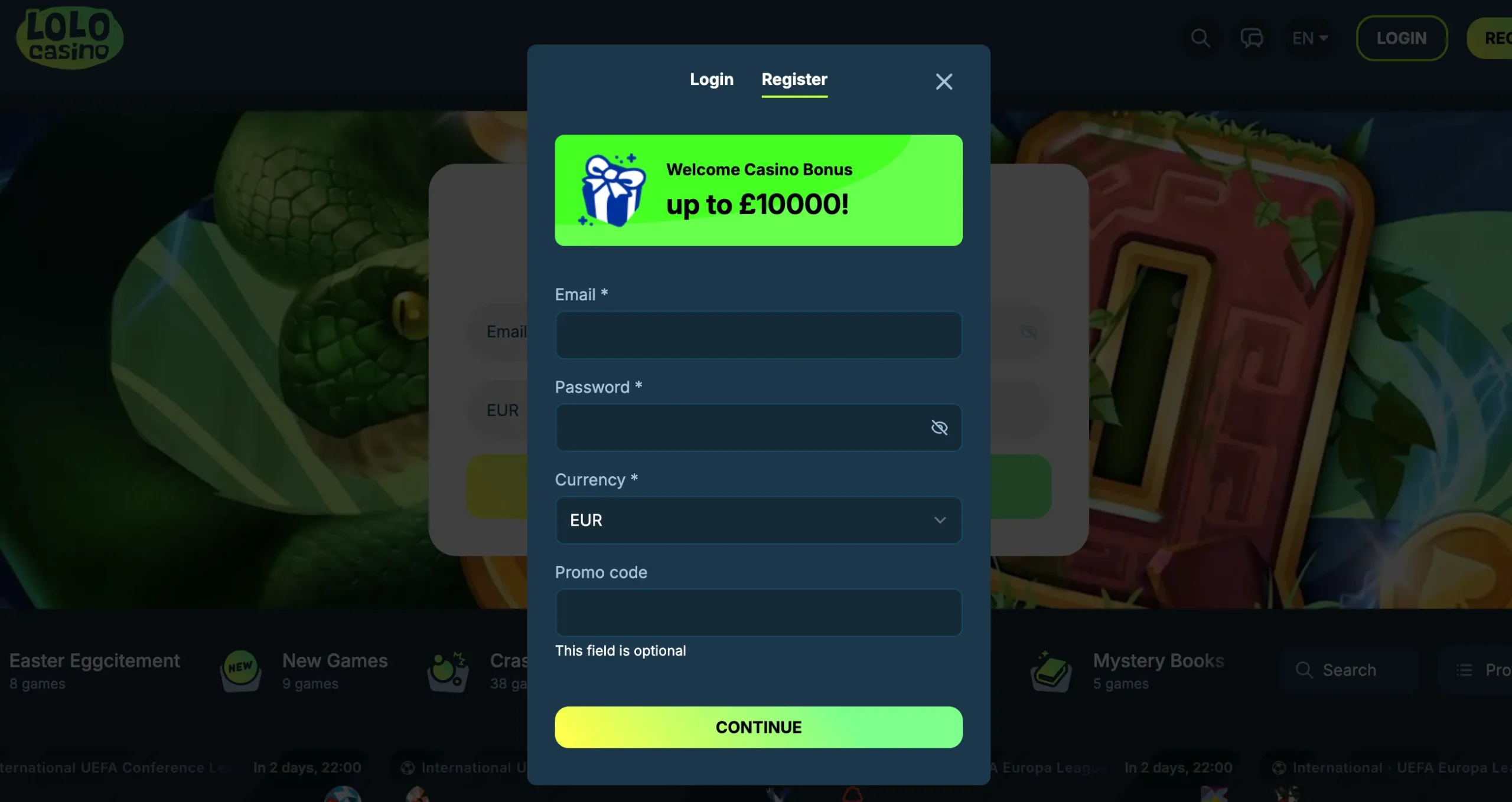 Lolo Casino sign up and registration form