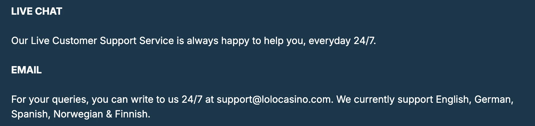 Lolo Casino customer support service — 24/7 help desk